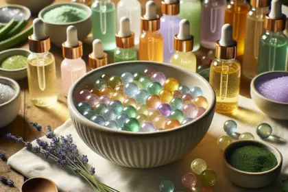 Prodotti per aromaterapia e perle di vetro colorate.