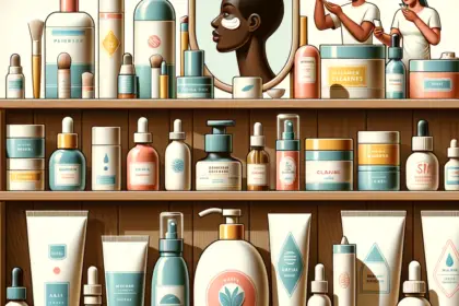 Prodotti cosmetici su scaffale con persone.