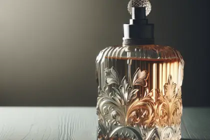 Profumo elegante in bottiglia decorata su tavolo.