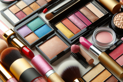 Varietà di cosmetici e pennelli makeup.