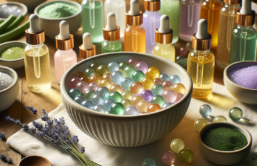 Prodotti per aromaterapia e perle di vetro colorate.